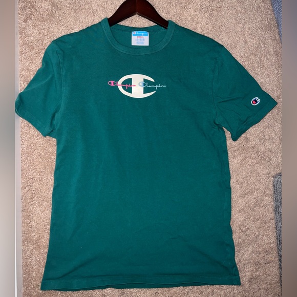 Champion Green Multicolor Logo T-shirt Size Small - Picture 1 of 3
